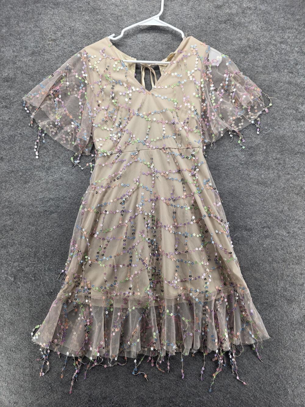 Southern Fried Chics Dress Womens S Beige A-Line Tulle Sequin Lined V-Neck